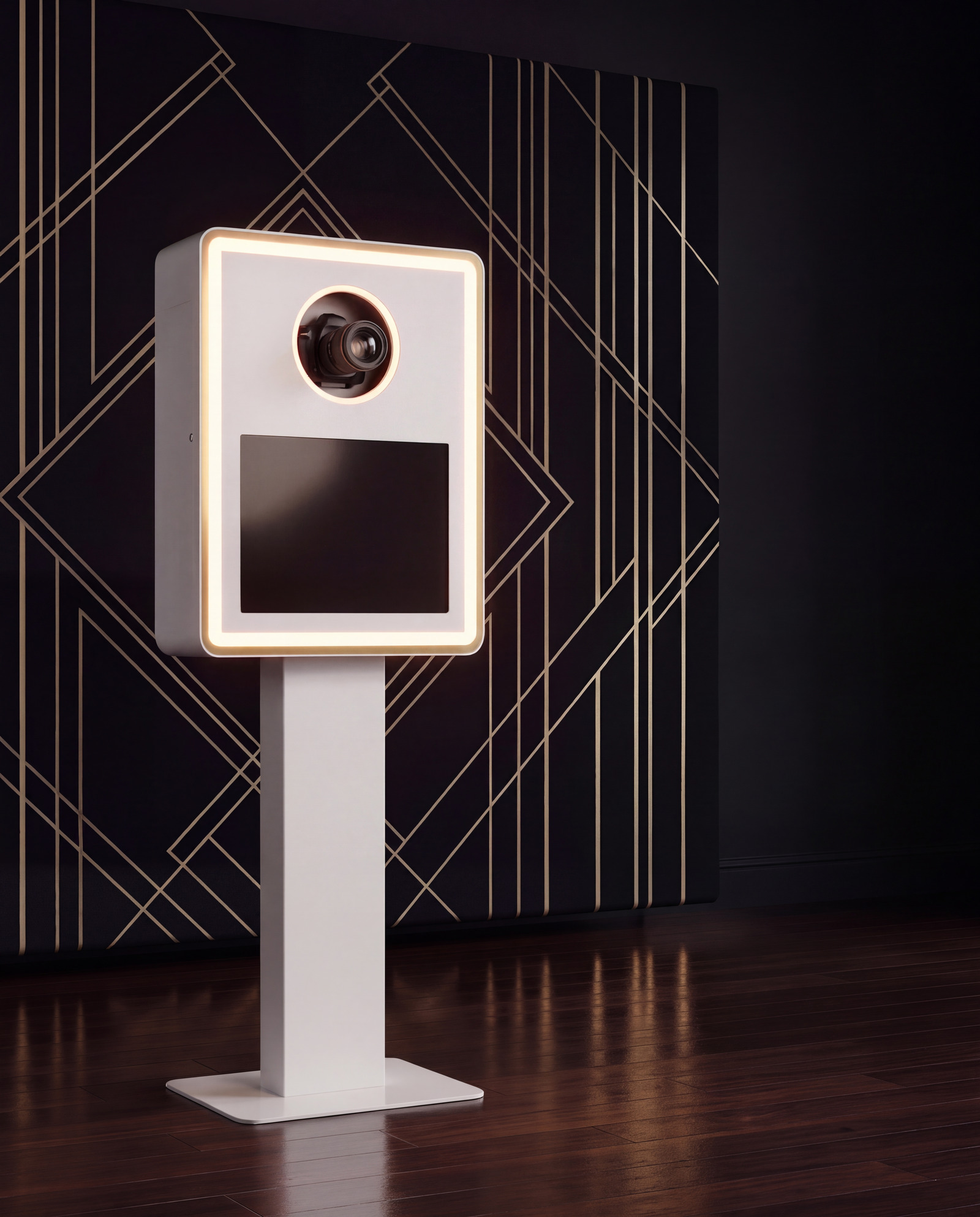 The white Pro Cam photo booth with its gold LED frame in front of an art deco backdrop