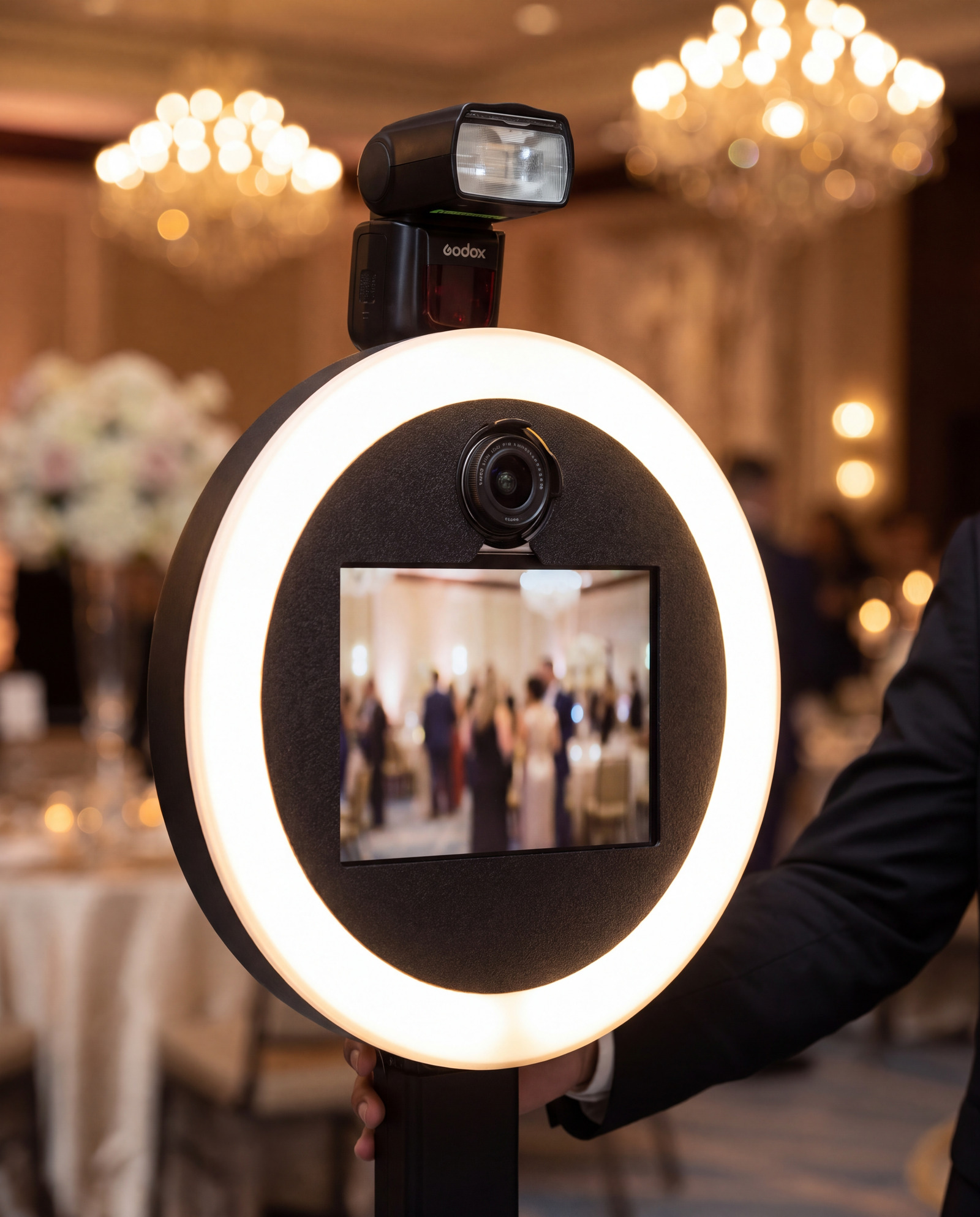 Close up of the handheld roaming booth with its ring light, camera, and flash