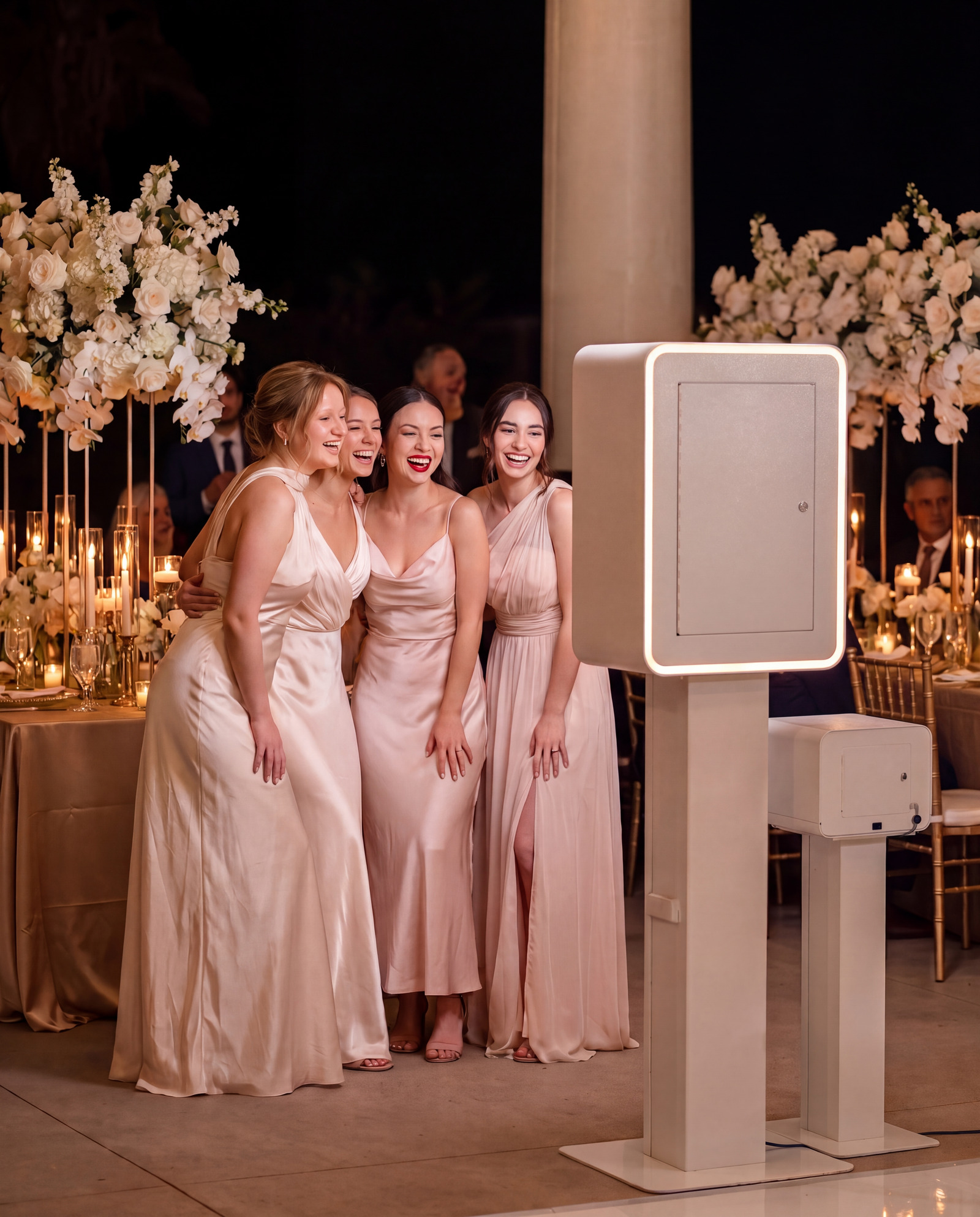 Bridal party laughing beside the Pro Cam photo booth at a wedding reception
