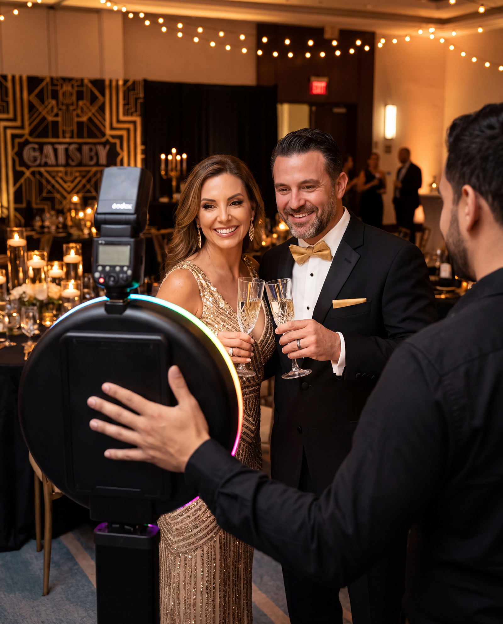 Attendant capturing two guests with the handheld roaming booth during cocktail hour