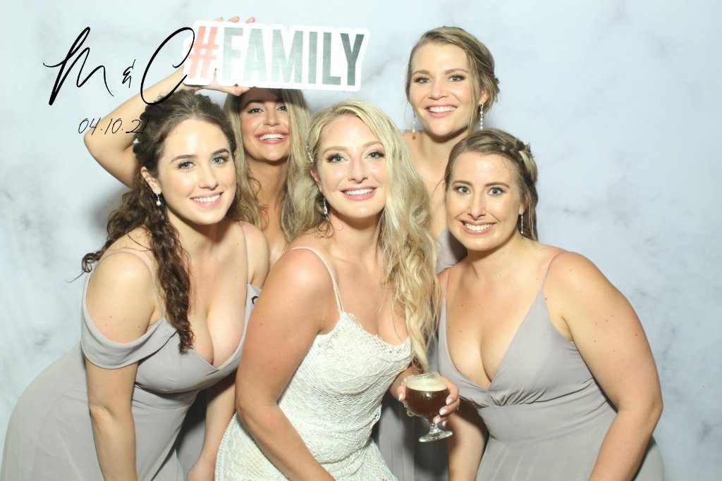 Bridal party group photo with custom wedding overlay