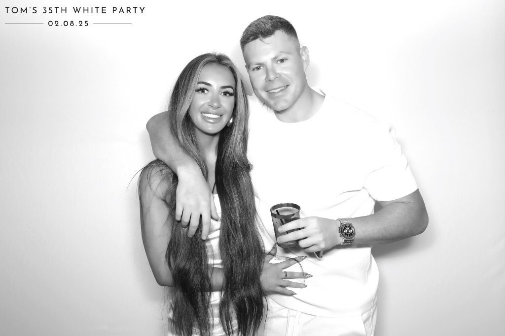 Black and white booth print from an all-white birthday party