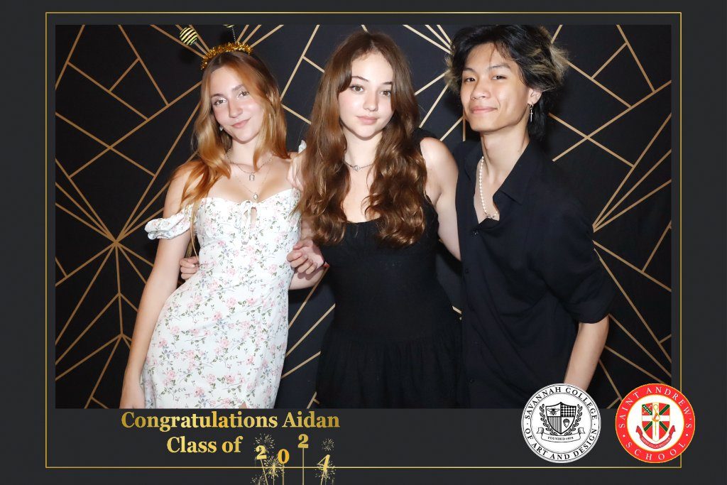 Graduation celebration print with a school crest overlay
